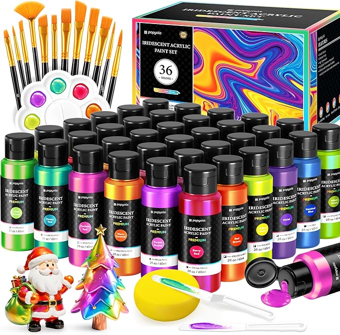 52 PCS Iridescent Acrylic Paint Set with 12 Brushes, 2 Knives & Palette, 36 Colors (2oz/60ml) Art Craft Paint for Adults Kids Artists Beginners, Canvas Ceramic Rocks Wood Painting Kit Art Supplies