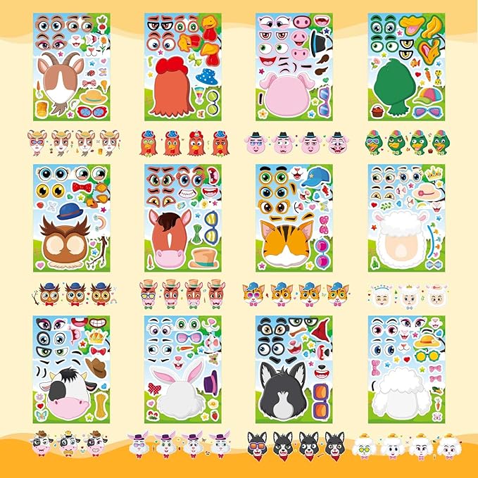 48 Sheets Make a Face Sticker Sheets for Kids, Make Your Own Animal Stickers Party Favors Goodie Bags Stuffers Crafts Activities Gifts for Kids Toddler Birthday Classroom Supplies