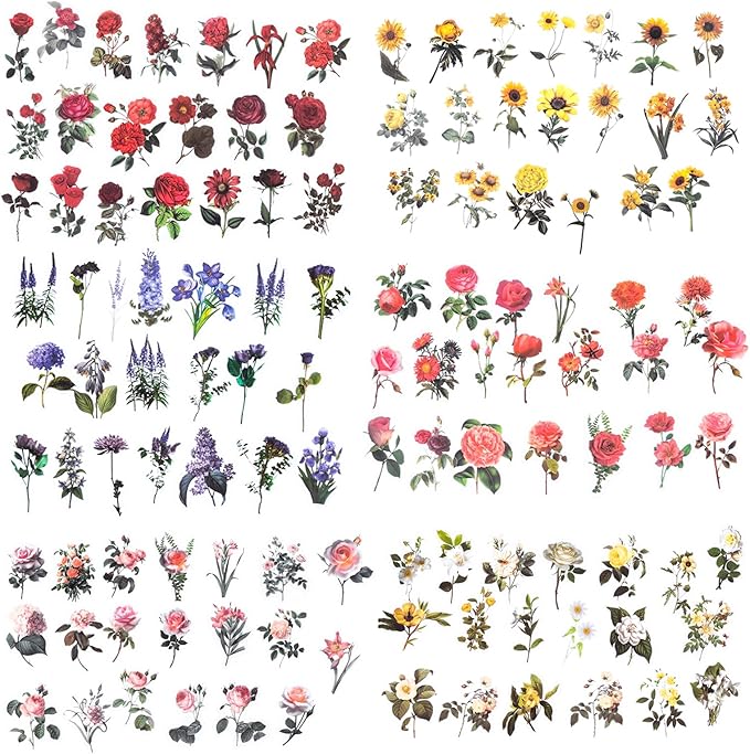 Yoksas 240Pcs Vintage Nature Flower Botanical Stickers - Waterproof Aesthetic Roses Floral Scrapbook Craft Decorative Stickers for Junk Journals, Planners, Collage Album