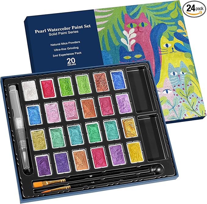 3ml Glitter Watercolor Paint Set with Paper, 24 Colors Shimmer Metallic Watercolour Painting Sets, Solid Pearl Water Color Paints, Matisse Style (Matisse 24Colors-L)
