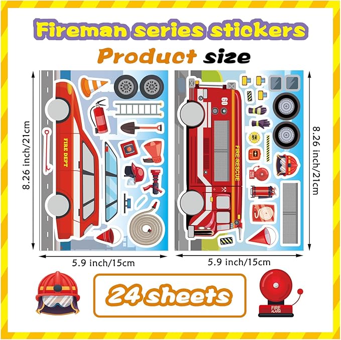 24 Sheets Truck Stickers for Kids, Make a face Sticker, Make Your Own Fire Truck Stickers with 8 Designs Fire Themed Truck for Kindergarten Birthday Gift Classroom Fire Party Favors