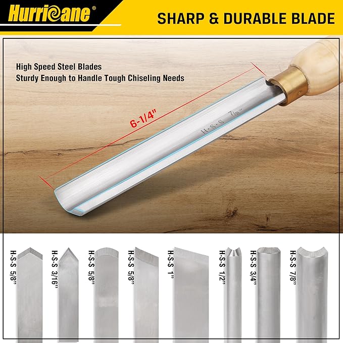 HURRICANE 8pc Wood Lathe Chisel Set with Wooden Box - HSS Wood Turning Tools for Woodworking - Perfect Tools for Precision Cutting and Smooth, Detailed Projects