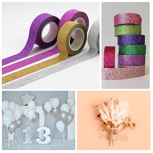 MECCANIXITY 6 Pcs 0.6 Inch x 5.5 Yards Glitter Washi Tape Gold Crafting Tape Glitter Masking Tape Decorative Tape Self Adhesive Stick for Festival Decoration Scrapbooking,Planner,DIY