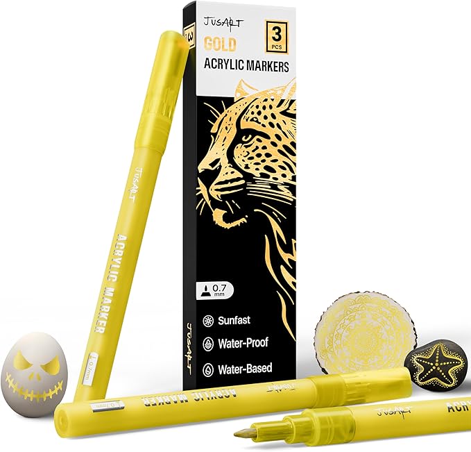 JusArt 3 Pack Gold Acrylic Paint Markers, 0.7mm Fine Point Acrylic Paint Pens for Rock Painting, Art Projects, Ceramic, Glass, Wood, Metal, Fabric, DIY, Ideal Gold Permanent Marker for Art Supplies