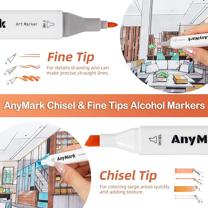 AnyMark Alcohol Markers, 60 Colors Dual Tip Art Coloring Markers Set for Kids Adult Book Drawing Sketching Painting, Chisel & Fine, White Penholder