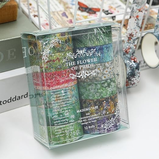 12 Rolls Flowers Washi Tape Set Floral Arts Adhesive Tapes Splast Silver Decorative Masking Tape Sets for Craft, Kids, Scrapbook, DIY, Gift Wrapping (Spring Serenity)