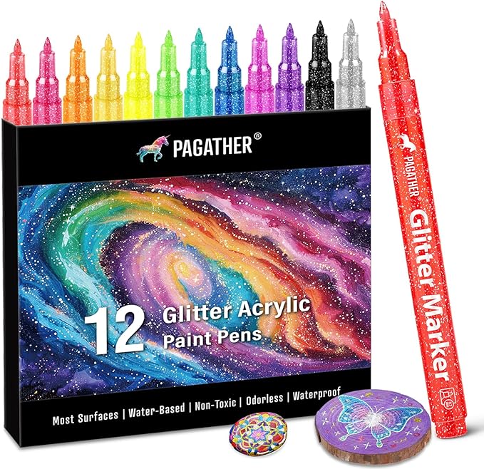 12 Colors Glitter Markers, 0.7mm Extra Fine Tip Sparkling Acrylic Paint Pens for Crafts, Adult Coloring, and DIY Projects on Paper, Rock, Wood, Glass and Fabric