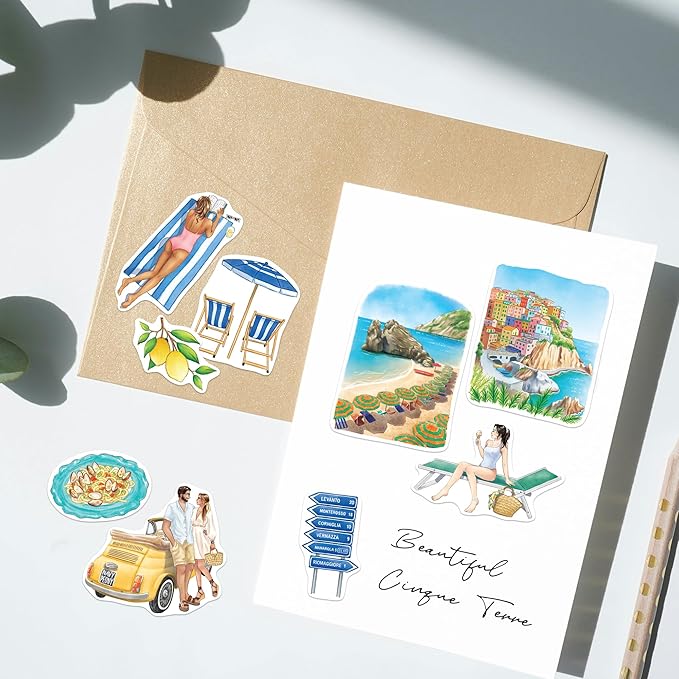 Navy Peony Coastal Italy Travel Stickers (29pcs) - Watercolor, Waterproof, Amalfi Summer, Beach-Themed Vacation Decals for Scrapbooks, Waterbottle