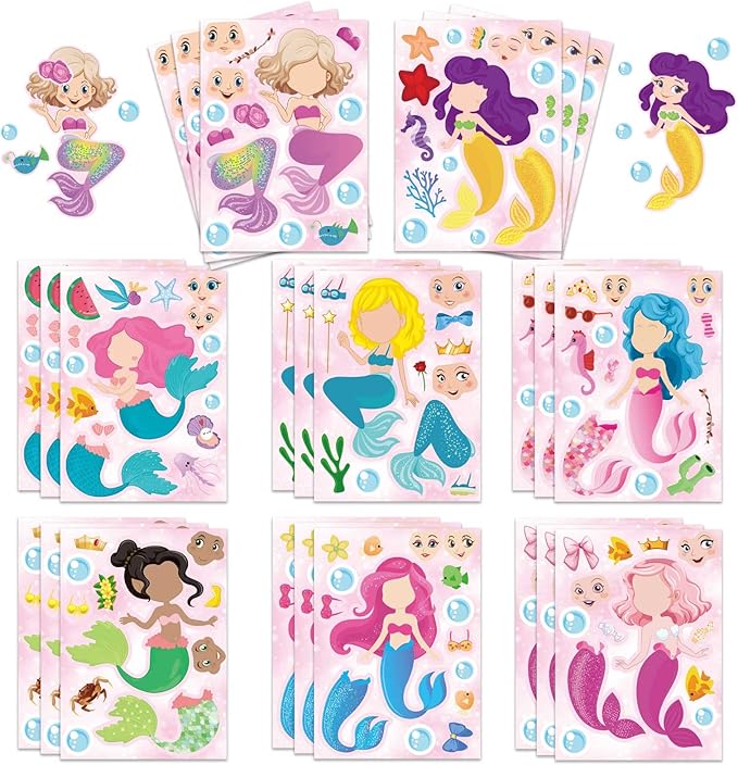 24 Sheets Mermaid Stickers Make Your Own Stickers Party Favors Mermaid Make A Face Sticker for Kids Party Favors,Classroom Teacher Rewards, Art Craft Supplies