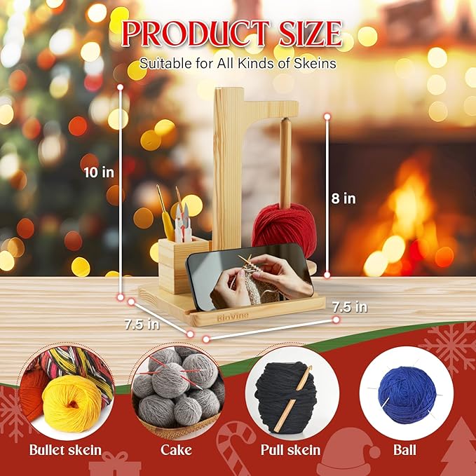 BloVine Upgraded Wooden & Magnetic Yarn Holder for Crocheting,Ideal Christmas Gift for Knitters with Phone Holder & Needle Storage, in Elegant Gift Box