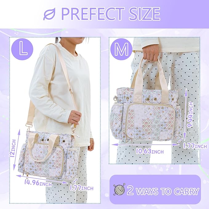 SilTriangle Large Floral Quilted Crochet Knitting Bags and Totes Organizer Cotton Yarn Hook Bag Holder Christmas Corduroy Gift for Crochet Lover Crocheting Accessories, Needle with Zipper, Size M