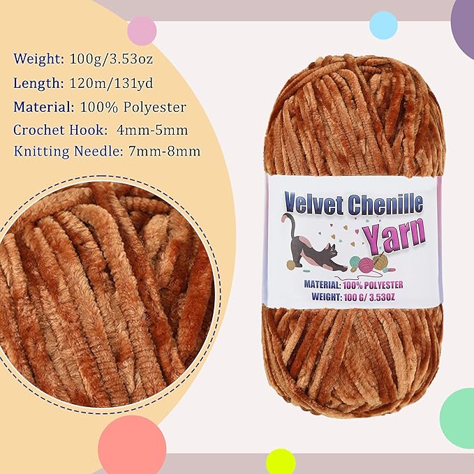 4 * 100g Fluffy Velvet Chenille Yarn for Crocheting and Knitting, Handcrafts Weaving Soft Chenille Yarn for Crocheting Clearance, Used for Making Baby Yarn Blanket, Clothes, DIY Craft (Coffee)