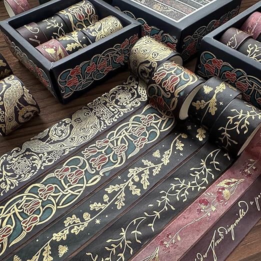 YUBX Vintage Washi Tape Set 6 Rolls Wide Retro Decorative Gold Foil Antique Patterns Masking Tapes for Arts, DIY Crafts, Journals, Planners, Scrapbook, Wrapping