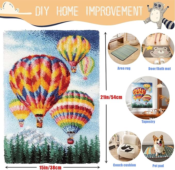 EMISTEM Latch Hook Kits for Adults - DIY Latch Hook Rug Kits, Crochet Kit for Beginners, Rug Making Kits with Printed Canvas, Gift Packaging.(Colorful Hot Air Balloons, 20x15)