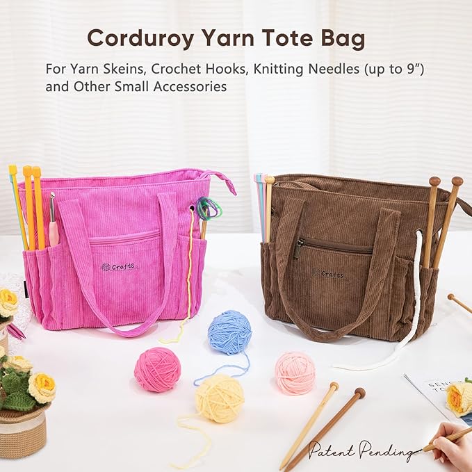 Crochet Bag and Tote - Corduroy Yarn Bag - Yarn Holder for Crocheting - Crochet Storage Bag for Crochet Hooks, Crochet Accessories, Knitting Bag for Crochet Lovers, Mother's Day Gift