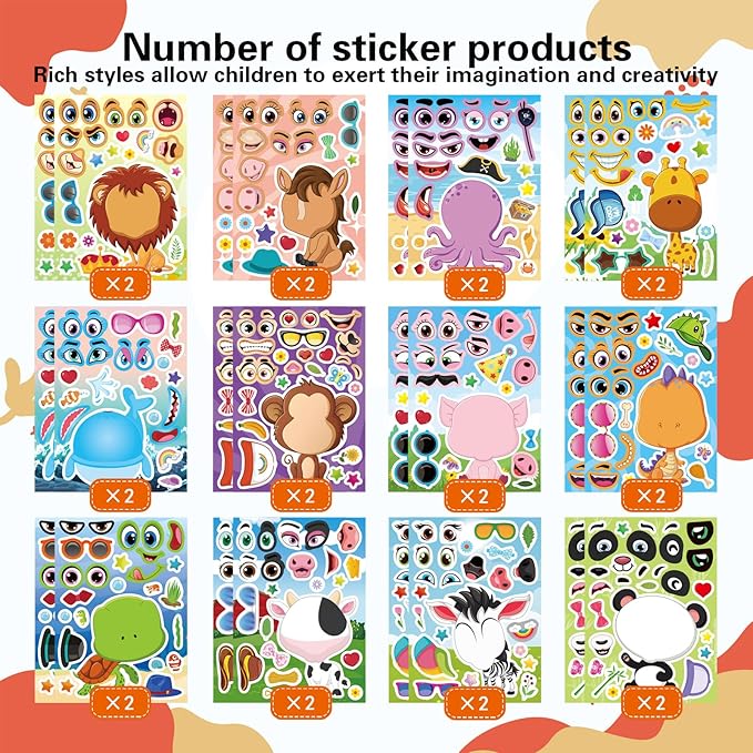 24 PCS Make a Face Stickers for Kids - Make Your Own Stickers Animal Mix and Match Sticker Sheets with Safaris, Sea and Farm Animals for Kids Party Favor Supplies Craft Activities Ages 3+