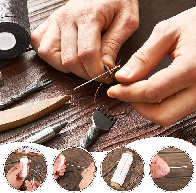 55Yards Waxed Thread with 7 Pcs Leather Hand Sewing Needles - 150D Flat Waxed Thread for Leather Repair, Upholstery, Canvas Bags, Sofa Furniture (White)