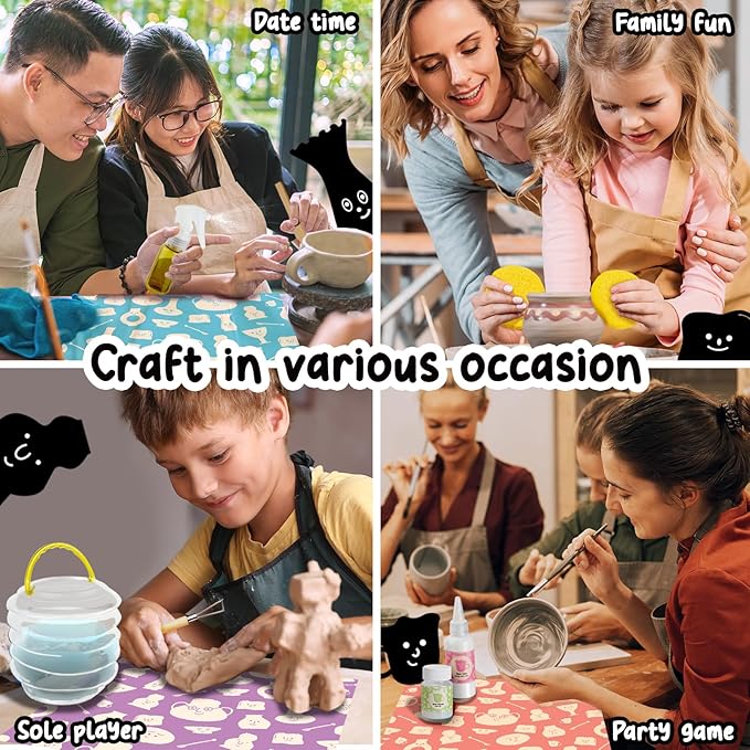 Air Dry Clay Pottery Kit for Adults, DIY Pottery Craft Clay Kit for Beginners, Sculpting Tools Set & Step-by-Step Guide, 12 Paints, Paintbrush, Varnish, Sponge, Kids Teen Party Birthday Christmas Gift