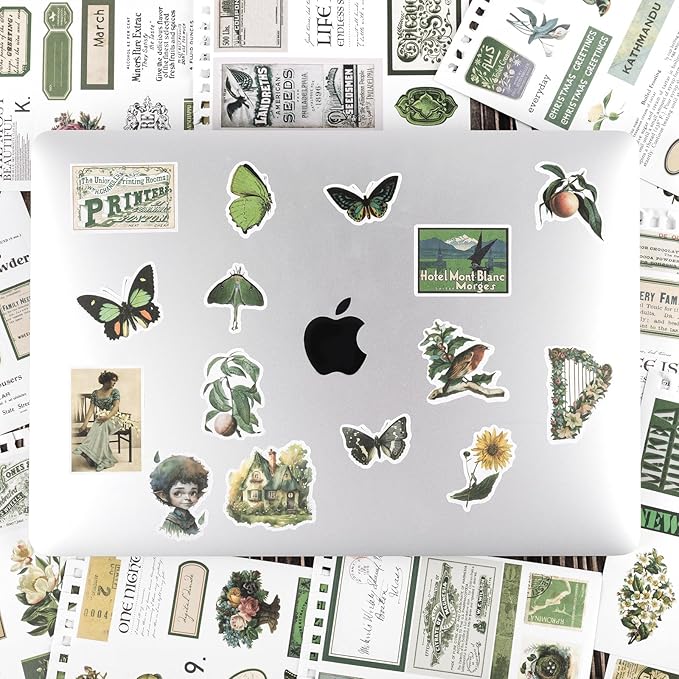 RISYPISY Pre-Cut Vintage Washi Journaling Sticker Book for Scrapbooking, 476PCS Green Scrapbooking Supplies, Ephemera for Junk Journal Supplies Crafts Arts, Dark Academia Stickers for journaling