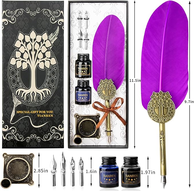 Quill pen ink set,Feather Pen and Ink Set,Antique Calligraphy Pen with 4 Replaceable Nibs,2 Bottle of ink,Feather Dip Pen Holder Christmas Gift for Men&Women.(Purple)