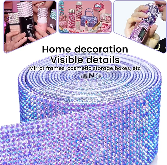 Novani Self Adhesive Rhinestone Ribbon, 1.57 Inch Wide 3 Yards 1 Roll, Deep Purple AB Crystal Diamond Bling Strips for DIY Crafts, Home Decor, Clothing,Shoes, Car Decoration