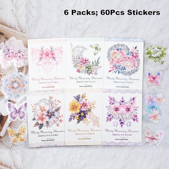 Floral PET Sticker Set, 60PCS Transparent Butterfly, Lace, and Flower Stickers for Scrapbooking, Journaling, Planners and DIY Crafts