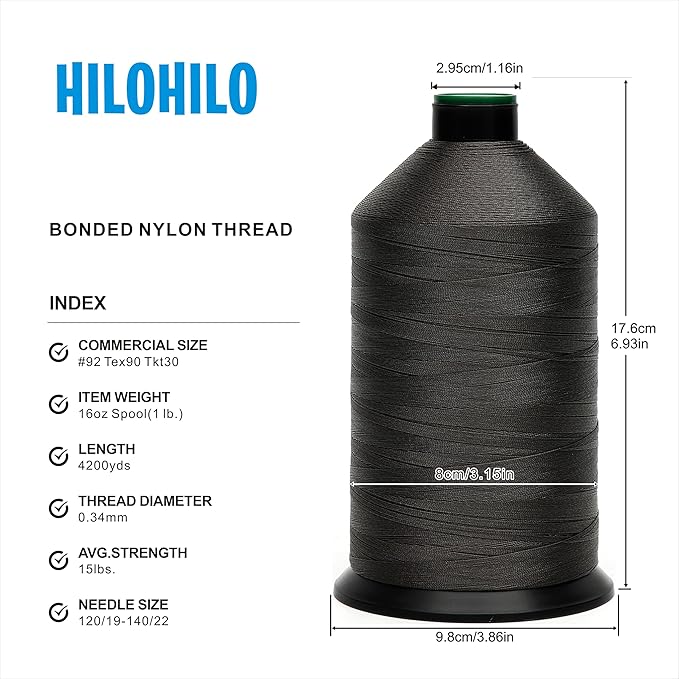 Extra Strong Bonded Nylon Thread #92 Tex90 – 16 OZ, 4200yds, Versatile Stitching Solution for Leather, Upholstery, Canvas Repair and More (Dark Gray)