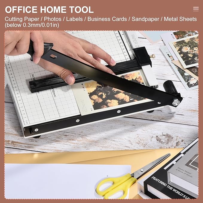 PATIKIL Paper Cutter A4 Stack Paper Trimmer for Cardstock, 12" Cutting Length, Guard Rail Paper Press Tool, Adjustable Guide, Metal Base, 12-Sheets Capacity, Paper Slicer for Office, Home