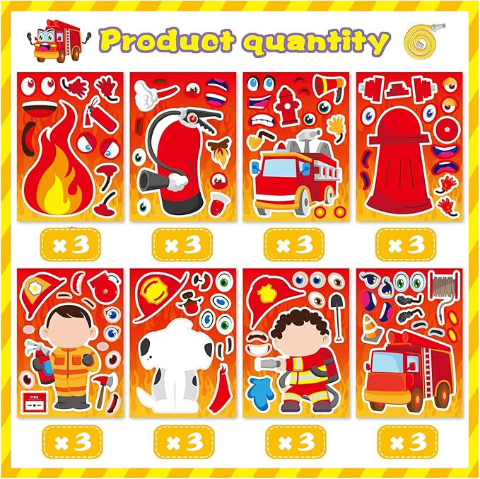 24 Sheets Firefighter Stickers, Make Your Own Firefighting Theme Sticker, Make a Face Fireman Stickers for Classroom Party Favor Rewarded School