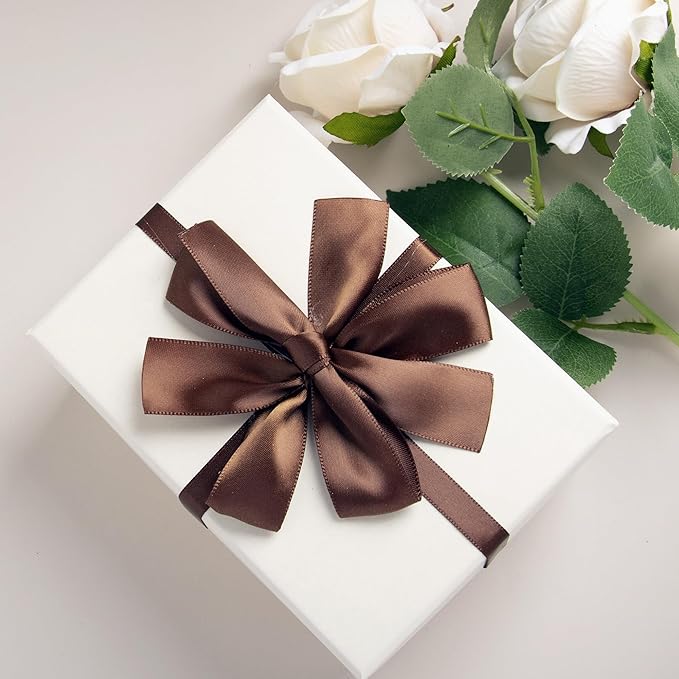 LIUYAXI Brown Double Faced Satin Ribbon, 3/8" X Continuous 25 Yards, Ribbons Perfect for Gift Wrapping Bows Bouquet Wedding Decor DIY Craft and More