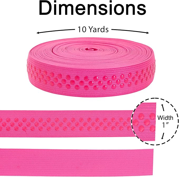 Mandala Crafts 1 Inch Elastic Silicone Gripper Tape for Clothing - 10 Yds Dotted Non Slip Elastic Band for Sewing - Hot Pink Silicone Flat Fabric Stretchy Ribbon Straps