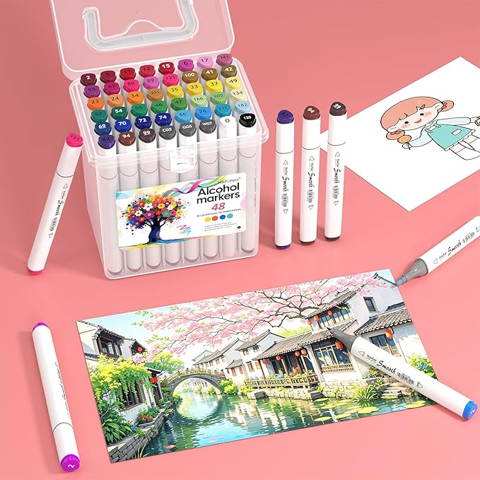 Alcohol Markers, Christmas Gifts,48 Colors Dual Tip Art Coloring Markers for Adult Coloring Books, Drawing, Sketching, Painting Supplies,Alcohol Based with Carrying Case