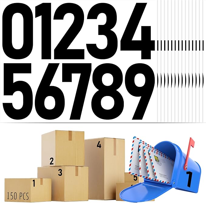 150 PCS Number Stickers, 4” Waterproof Vinyl Number Stickers Consecutive Number 0-9 Labels Self-Adhesive Without Residue Left for Office, Classroom, Indoor, Boxes, Storage (15 Sheets, Black)