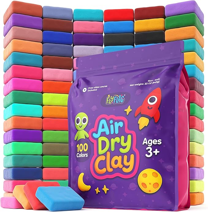 FlyFlag Air Dry Clay - 100 Colors, Ultra Light and Soft, Non-Toxic Modeling Clay for Kids with Tools and Tutorials, for Creative Play and Learning