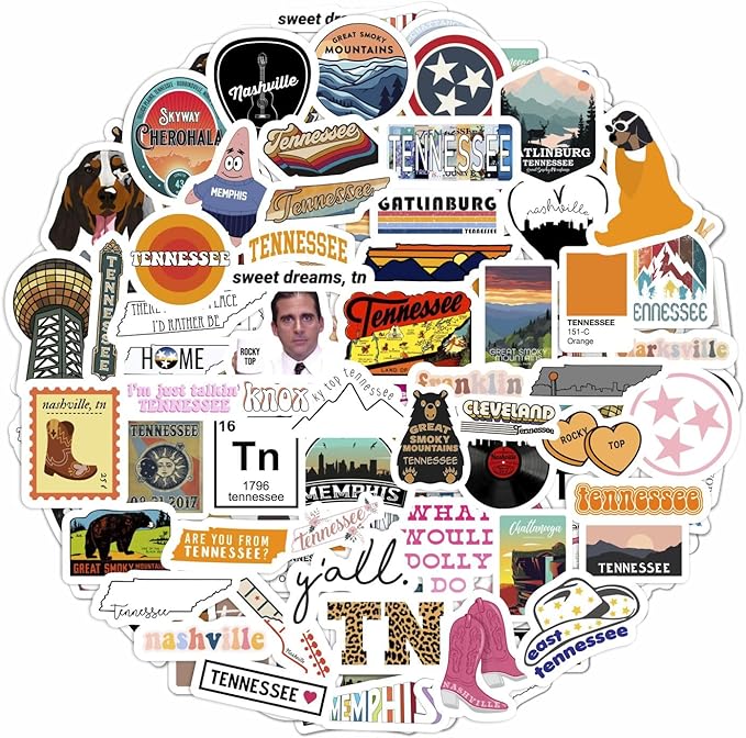 BulbaCraft 100Pcs Tennessee Stickers for Water Bottle and Laptop - Tennessee Party Supplies & Decorations, Waterproof Vinyl Decals, State Pride and Icon Stickers, Gifts for Women & Men