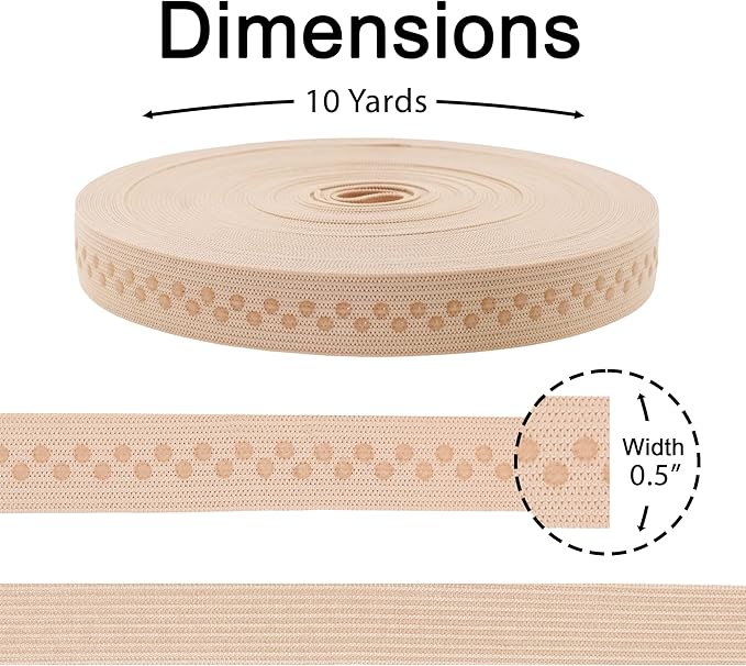 Mandala Crafts 0.5 Inch Elastic Silicone Gripper Tape for Clothing - 10 Yds Dotted Non Slip Elastic Band for Sewing - Nude Silicone Flat Fabric Stretchy Ribbon Straps