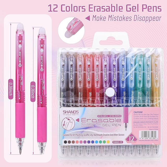 Erasable Gel Pens, 12 Colors Retractable Fine Point Erasable Pens Clicker, Assorted Color Inks, Make Mistakes Disappear for School Office Home, Drawing Writing Planner, Coloring