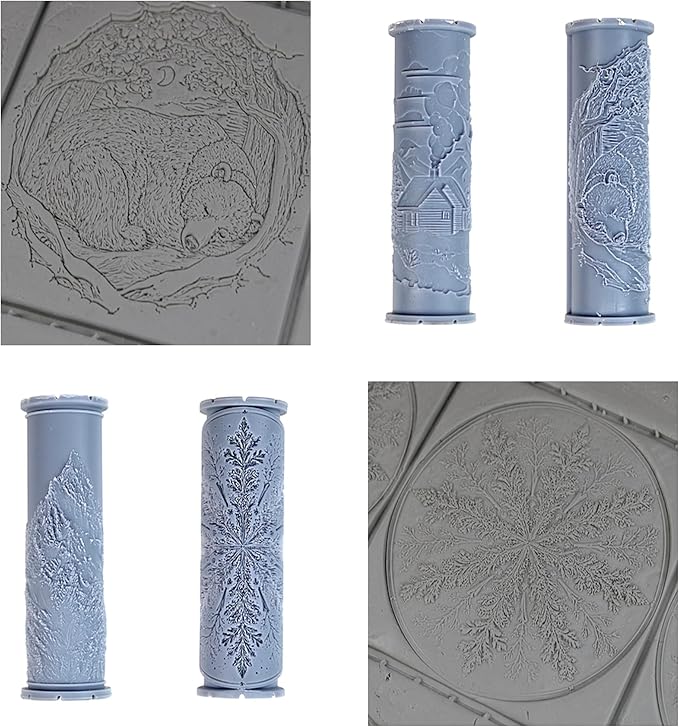 Winter Woods Collection 4-Pack Clay Texture Rollers (4") - Winter Set #01 - Embossing Pattern Rollers for Polymer & Ceramic Clay, Pottery & Crafts