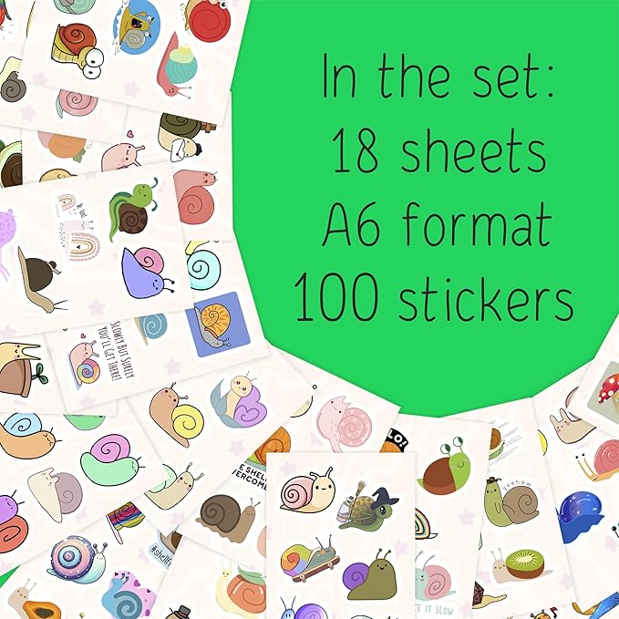 BulbaCraft 100Pcs Snail Stickers for Water Bottle and Laptop - Snail Party Supplies & Decorations, Waterproof Vinyl Decals, Cute Animal and Nature Stickers, Gifts for Women & Men