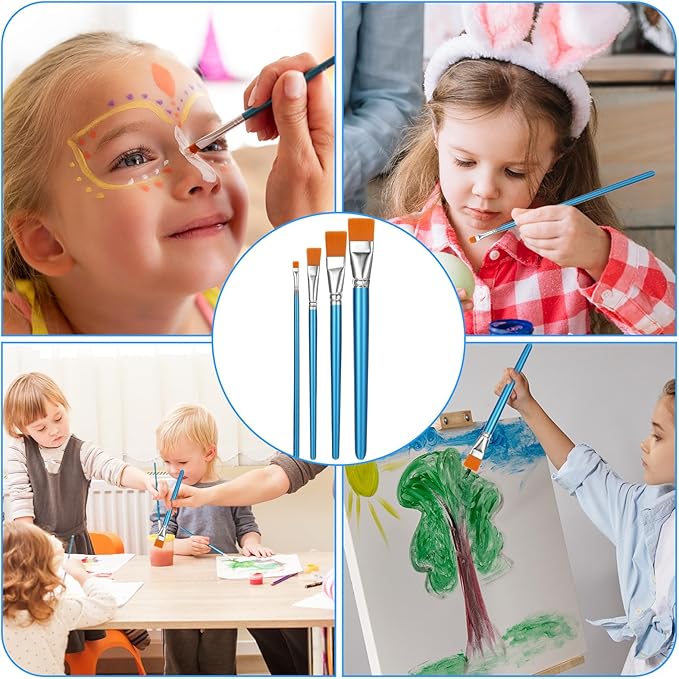 60 Pcs Paint Brush Set Bulk Acrylic Brush Wood Paint for Detail Art Crafts Kids Artist Adult Watercolor Oil Face Body(1, 0.75, 0.5, 0.25 Inch,Flat Style)