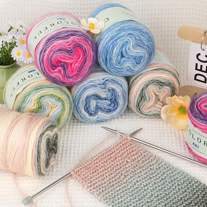 Aeelike Cake Yarn for Crocheting, 3 Skeins Gradient Yarn 100g (3.52 oz) 245m (267 Yards) # 3 Light Weight, Soft Ombré Yarns Fairyland Yarns Rainbow for Making Colorful Crafts, Fantasy Blue Gradient