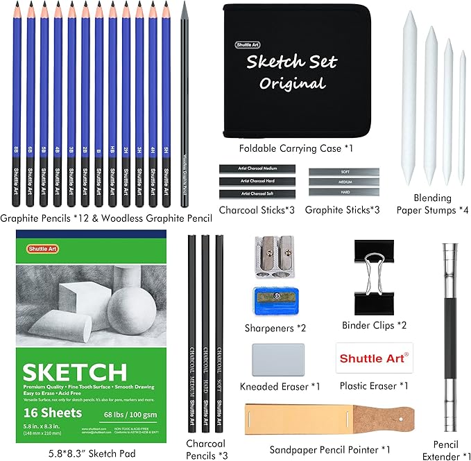 Shuttle Art Sketching and Drawing Pencils Set, 37-Piece Professional Sketch Pencils Set in Zipper Carry Case, Drawing Kit Art Supplies with Graphite Charcoal Sticks Tool Sketch book for Adults Kids