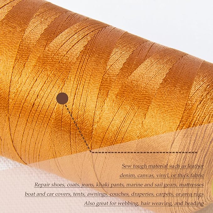 4Pcs Bright Brown Nylon Thread for Sewing, 210d/3 Upholstery Thread Heavy Duty, 4 Cone of 1500 Yards Each Leather, Serger Overlock Machine for Sewing Hair