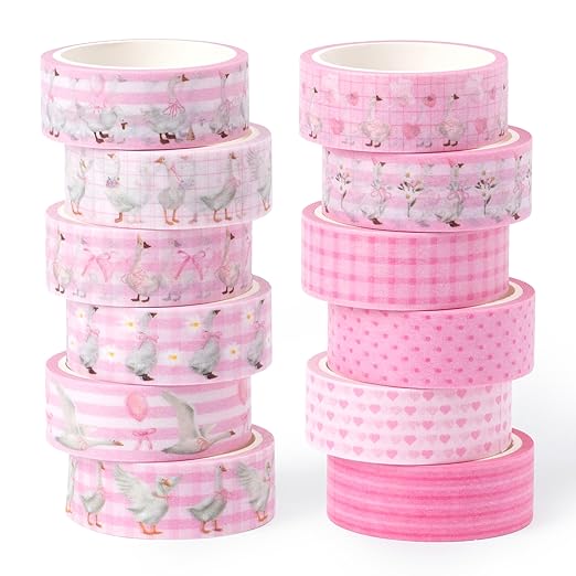 Laffact Pink Goose Washi Tapes - 12Rolls Pink Watercolor Coquette Bow Silly Goose Plaid Decoration Tape Set, Wrapping Paper Tape for Scrapbook Journal DIY Art Craft for Baby Shower Party Birthday Gift