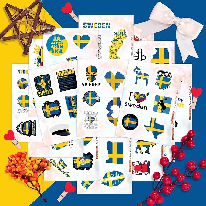 BulbaCraft Swedish Stickers for Water Bottle and Laptop - Nordic Party Supplies & Decorations, Waterproof Vinyl Swedish Decals, Sweden Flag and Culture Stickers Laptop Decals, Gifts for Women & Men