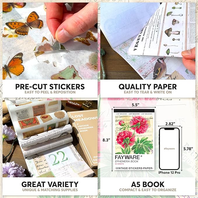 Vintage Washi Stickers for Journaling - Ephemera Book for Journaling with 414 Stickers & 20 Scrapbook Papers. Junk Journal Supplies, Scrapbooking Supplies