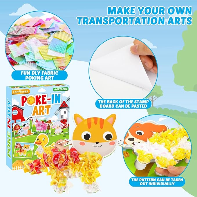 Lonfliness 8PCS Poke-in Craft and Art Kit for Kids No-Mess Fabric Sewing Art Girls Boys 4-12 Puzzle Puncture Painting DIY Toy Gifts for Creative Activity Game Birthday Party (Farm Animal)