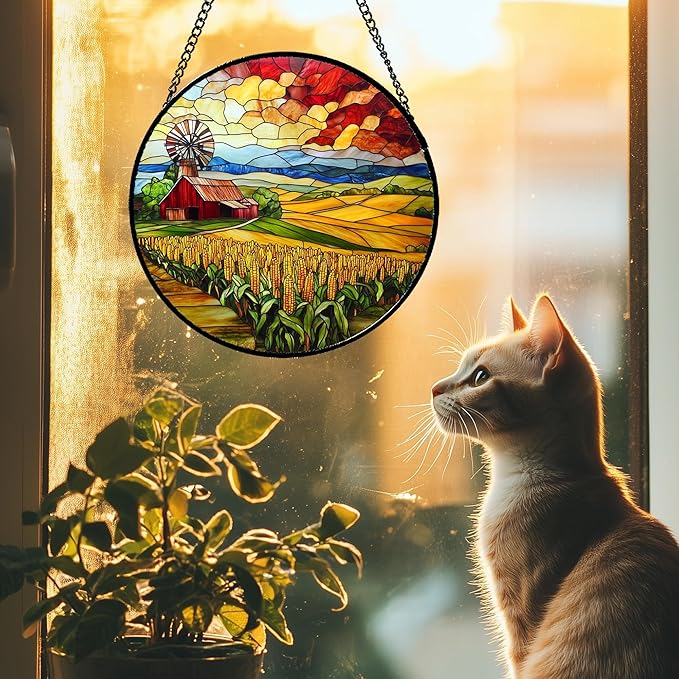 Stained Glass Window Hanging Autumn Farm Corn Harvest Landscape 9.8" - Suncatcher Garden Door Sun Catcher Home Decor Birthday Christmas for Woman Mom Friend Men Nana