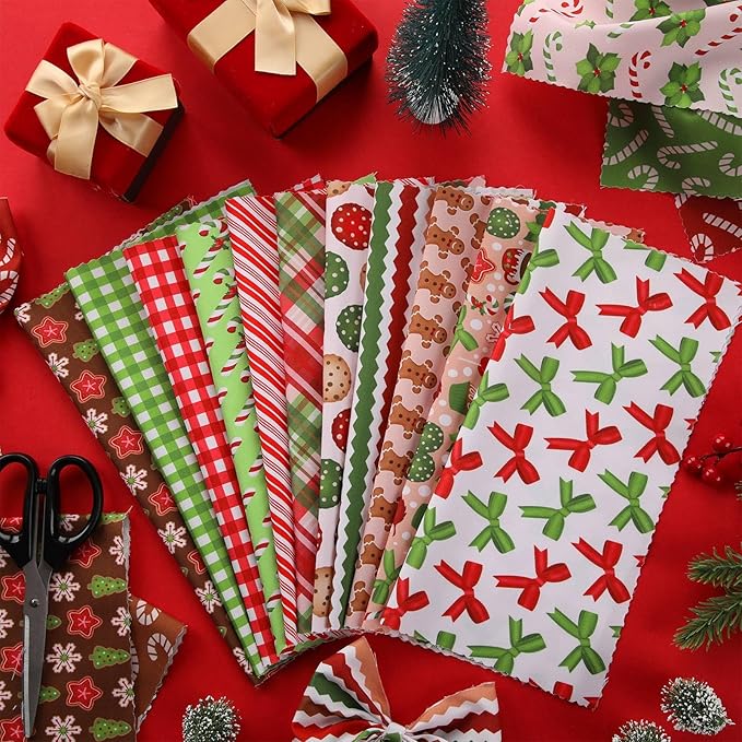 Oudain 60 Pcs 10 x 10 Inch Red and Green Quilting Fabric Squares Christmas Fat Patchwork Precut Strips Gingerbread Man Candy Cane Fabric Bundles for Xmas DIY Craft Sewing Handmade Materials
