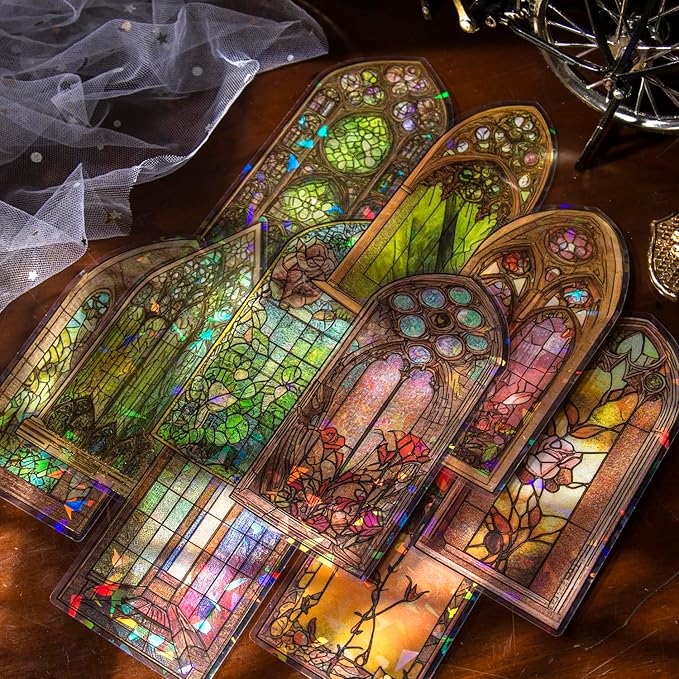 60PCS Large Holographic Gothic Stained Glass Window Medieval Stickers – Vintage Clear Cathedral Religious Art Decals for Scrapbooking, Journaling, Christian Bible Study, Art Crafts Supplies